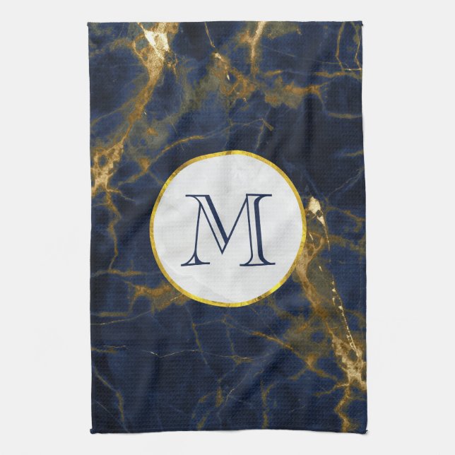 Navy Blue and Gold Marble Modern Stylish Monogram Kitchen Towel (Vertical)