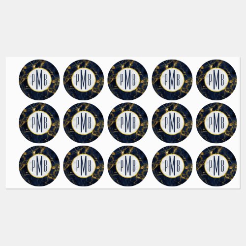 Navy Blue and Gold Marble Modern Stylish Monogram Labels