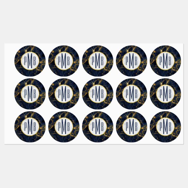 Navy Blue and Gold Marble Modern Stylish Monogram Labels (Sheet)