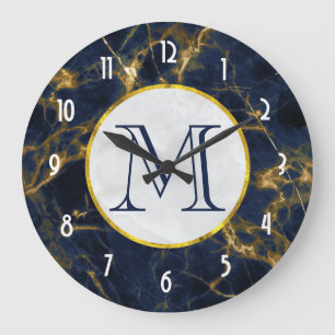 Navy Blue and Gold Marble Modern Stylish Monogram Large Clock