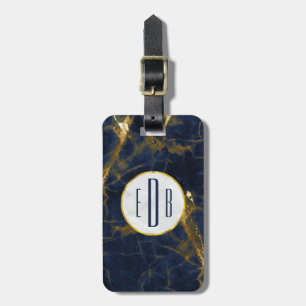 Navy Blue and Gold Marble Modern Stylish Monogram Luggage Tag