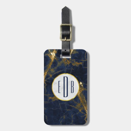Navy Blue and Gold Marble Modern Stylish Monogram Luggage Tag