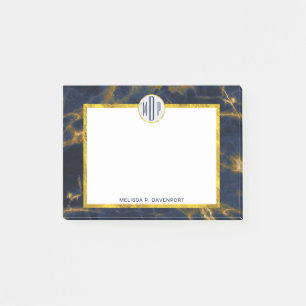 Navy Blue and Gold Marble Modern Stylish Monogram Post-it Notes