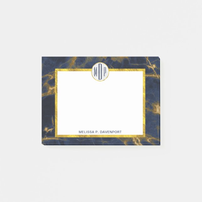 Navy Blue and Gold Marble Modern Stylish Monogram Post-it Notes (Front)