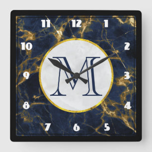 Navy Blue and Gold Marble Modern Stylish Monogram Square Wall Clock