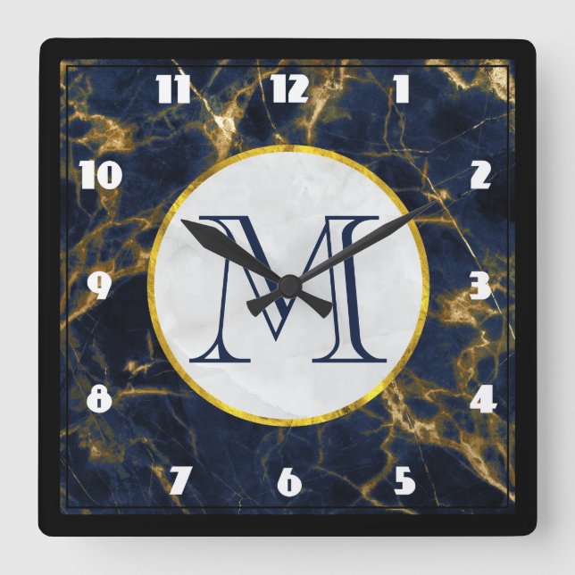Navy Blue and Gold Marble Modern Stylish Monogram Square Wall Clock (Front)