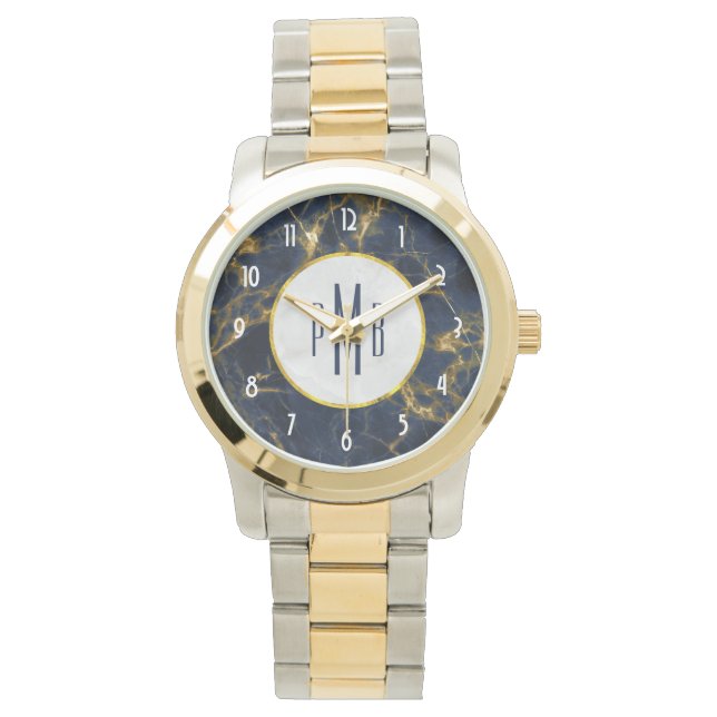 Navy Blue and Gold Marble Modern Stylish Monogram Watch (Front)