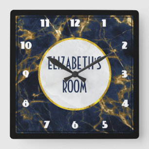 Navy Blue and Gold Marble Modern Stylish Square Wall Clock