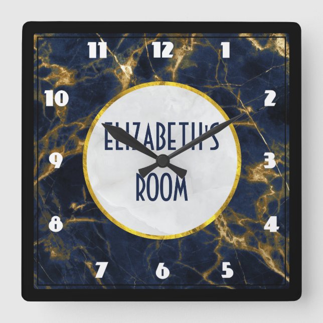 Navy Blue and Gold Marble Modern Stylish Square Wall Clock (Front)