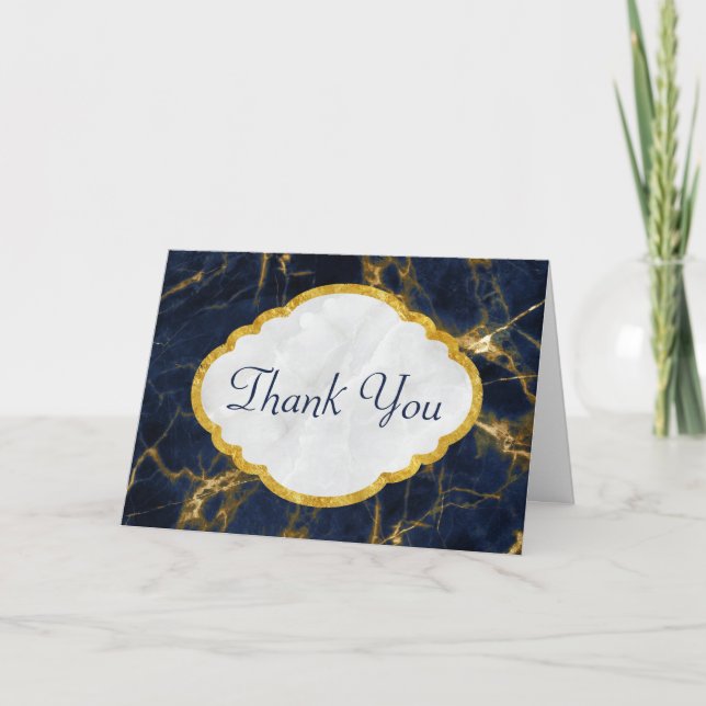 Navy Blue and Gold Marble Modern Stylish Thank You Card (Front)
