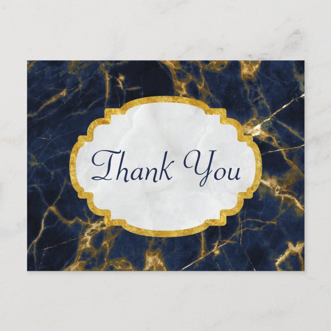Navy Blue and Gold Marble Modern Stylish Thank You Postcard (Front)