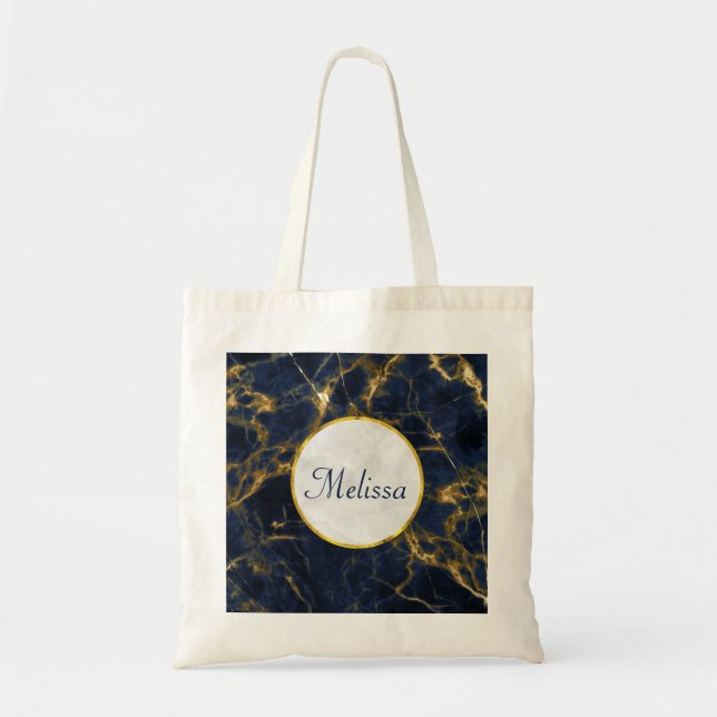 Navy Blue and Gold Marble Modern Stylish Tote Bag (Front)