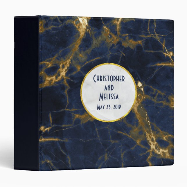 Navy Blue and Gold Marble Modern Stylish Wedding 3 Ring Binder (Front/Spine)