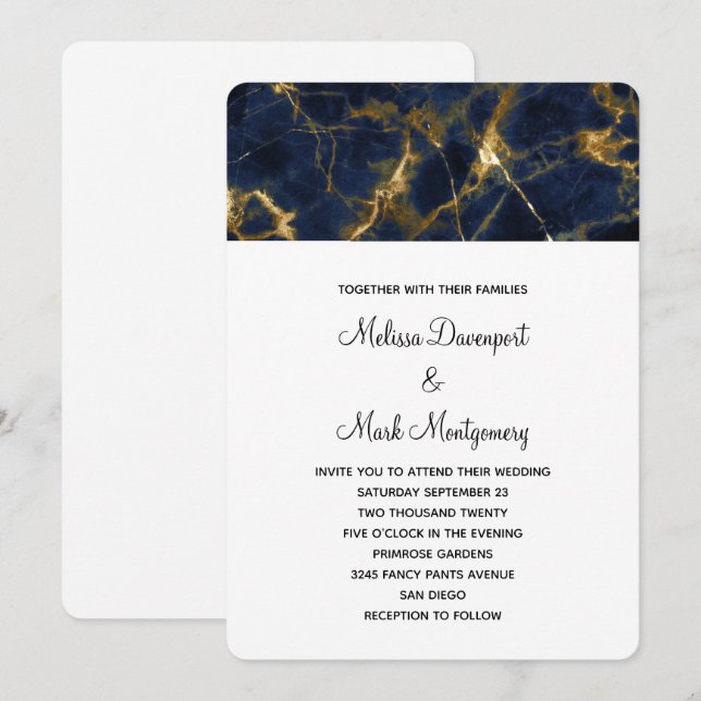 Navy Blue and Gold Marble Modern Stylish Wedding Invitation (Front/Back)