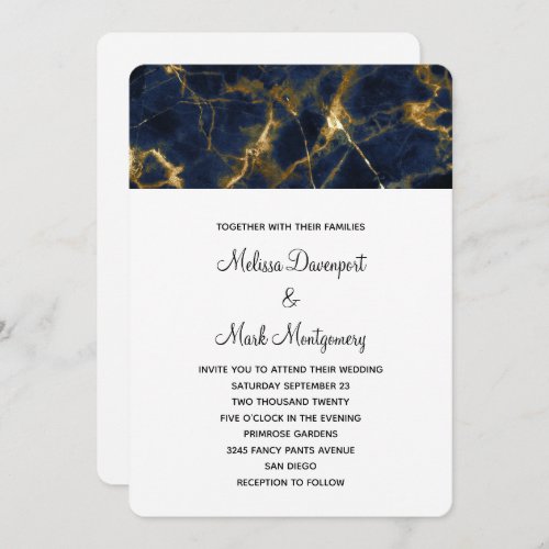 Navy Blue and Gold Marble Modern Stylish Wedding Invitation