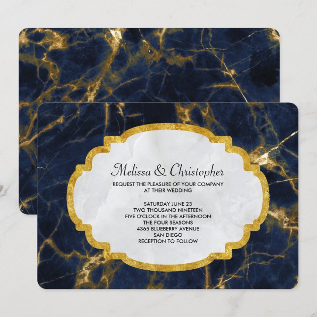 Navy Blue and Gold Marble Modern Stylish Wedding Invitation (Front/Back)