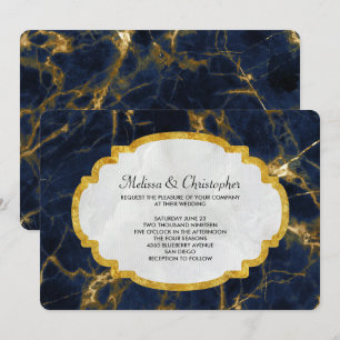 Navy Blue and Gold Marble Modern Stylish Wedding Invitation