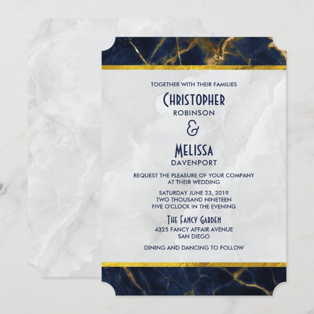 Navy Blue and Gold Marble Modern Stylish Wedding Invitation (Front/Back)