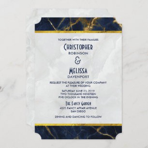 Navy Blue and Gold Marble Modern Stylish Wedding Invitation