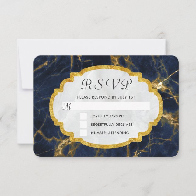 Navy Blue and Gold Marble Modern Stylish Wedding RSVP Card (Front)