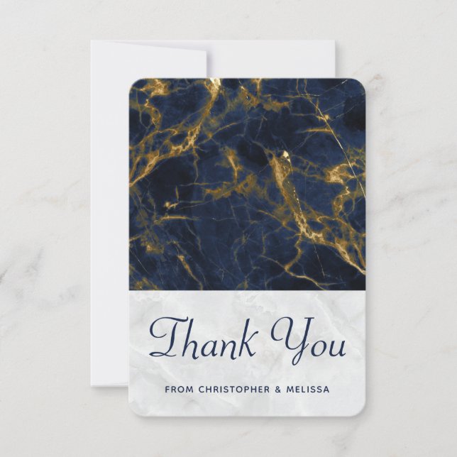 Navy Blue and Gold Marble Modern Stylish Wedding Thank You Card (Front)
