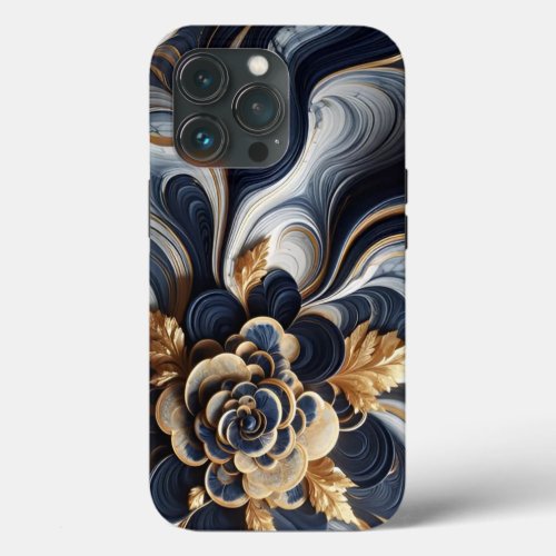 Navy Blue and Gold Marble Painting Abstract iPhone 13 Pro Case