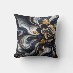 Navy Blue and Gold Marble Painting Abstract Throw Pillow
