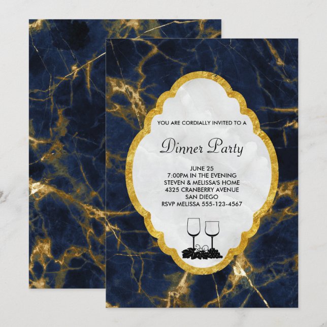 Navy Blue and Gold Marble Stylish Dinner Party Invitation (Front/Back)