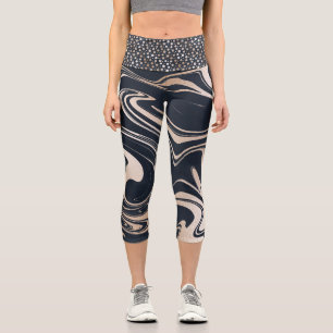 Navy blue and gold marble  with golden dots waist capri leggings