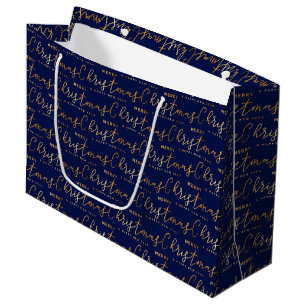 Navy Blue and Gold Merry Christmas Word Art Large Gift Bag