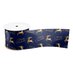 Navy Blue and Gold Merry Christmas Word Art Satin Ribbon