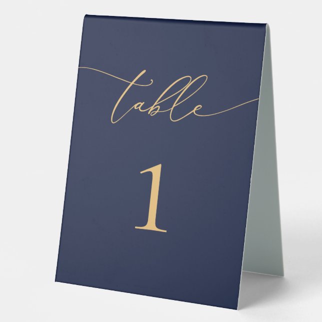 Navy Blue and Gold Minimalist Wedding Table Number Table Tent (Front)