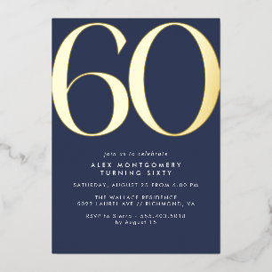 Navy Blue and Gold Modern Elegant 60th Birthday Foil Invitation