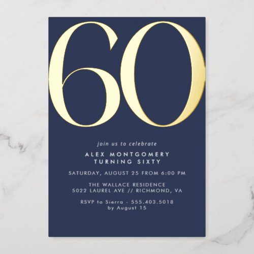 Navy Blue and Gold  Modern Elegant 60th Birthday Foil Invitation