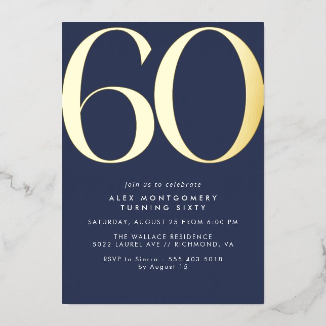 Navy Blue and Gold | Modern Elegant 60th Birthday Foil Invitation (Front)