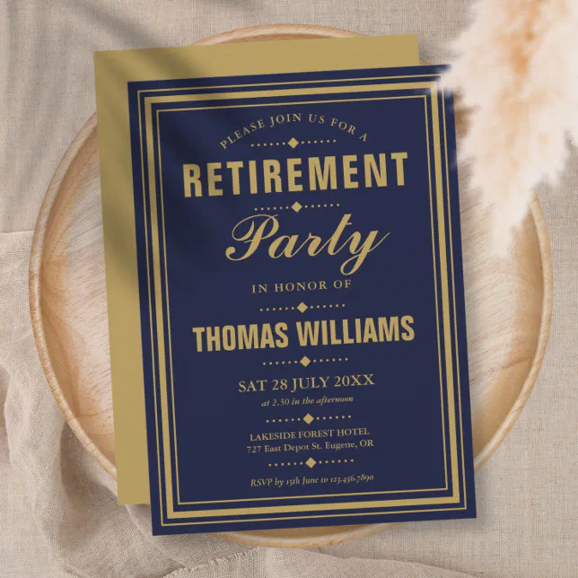 Navy Blue And Gold Modern Elegant Retirement Party Invitation | Zazzle