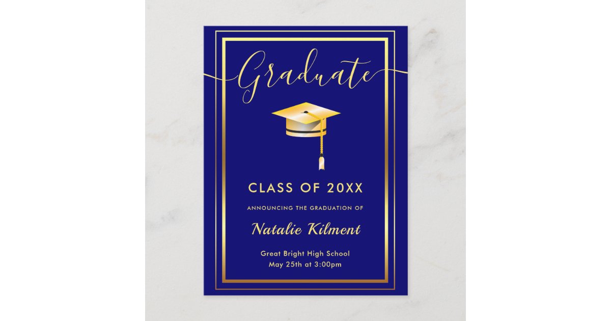 Navy Blue and Gold Modern Graduate Cap Graduation Announcement Postcard ...