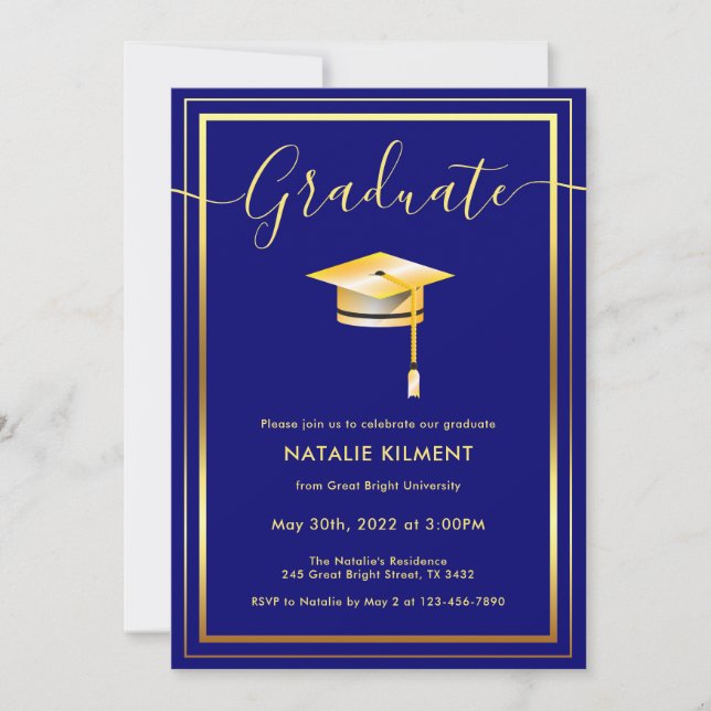 Navy Blue and Gold Modern Graduate Cap Graduation Invitation (Front)