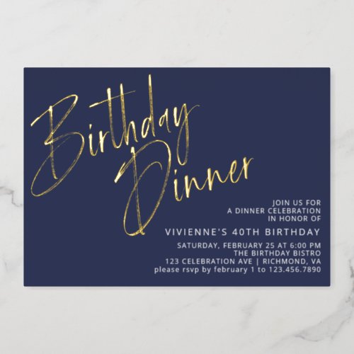 Navy Blue and Gold Modern Minimal Birthday Dinner Foil Invitation