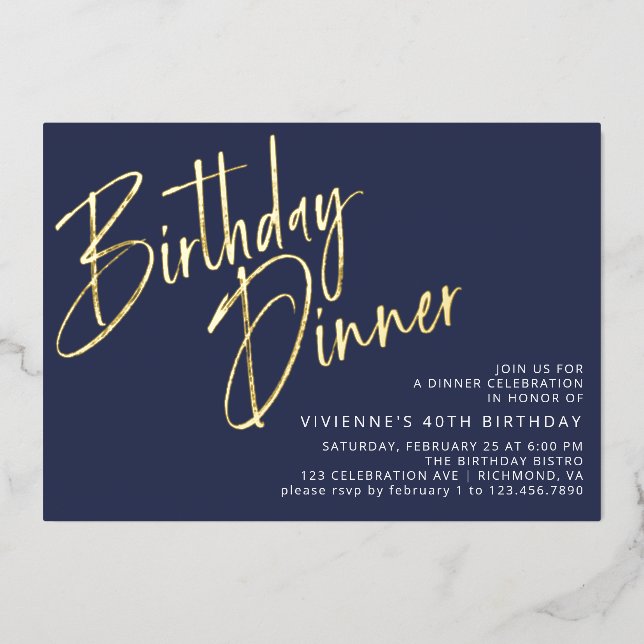 Navy Blue and Gold Modern Minimal Birthday Dinner Foil Invitation (Front)