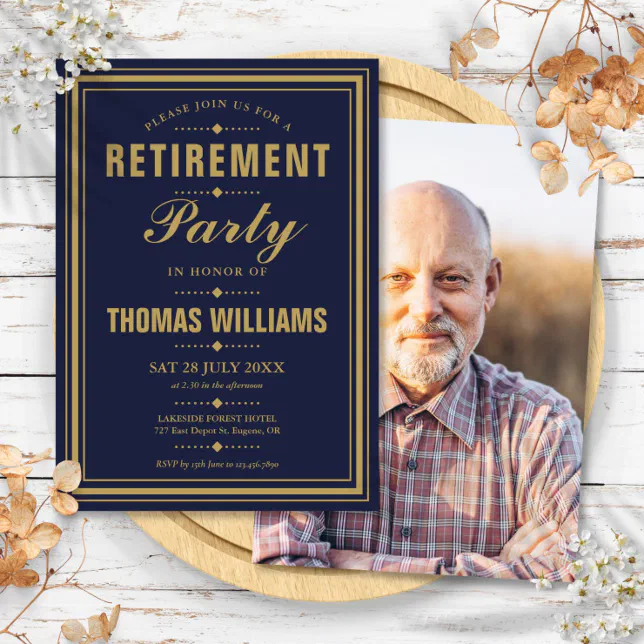 Navy Blue And Gold Modern Photo Retirement Party Invitation | Zazzle