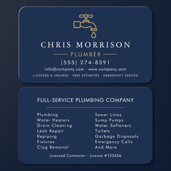 Navy Blue And Gold Modern Plumbing Business Card