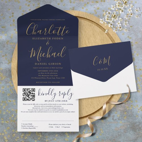 Navy Blue And Gold Modern Script QR Code Wedding All In One Invitation