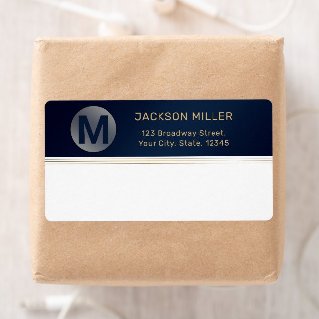 Navy blue and gold modern simple monogram shipping label (Insitu)