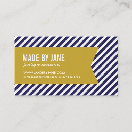 Customizable Navy Blue &amp; Gold Modern Stripes &amp; Ribbon Business Card Template