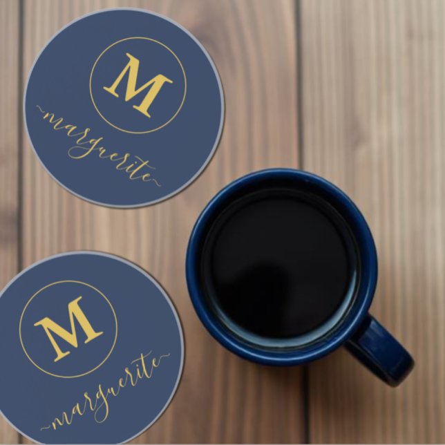 Navy Blue and Gold Monogram Coaster (Creator Uploaded)