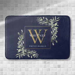 Navy Blue And Gold Monogram Greenery Leaves Bath Mat