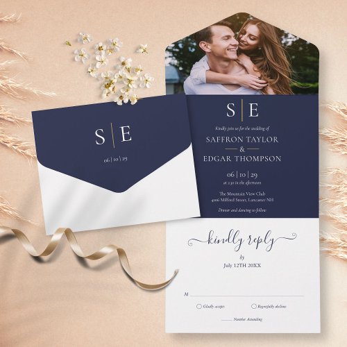 Navy Blue And Gold Monogram Photo Wedding All In One Invitation