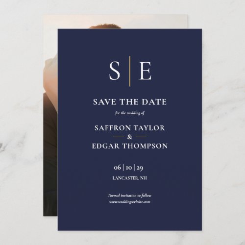 Navy Blue And Gold Monogram Photo Wedding Save The Date
