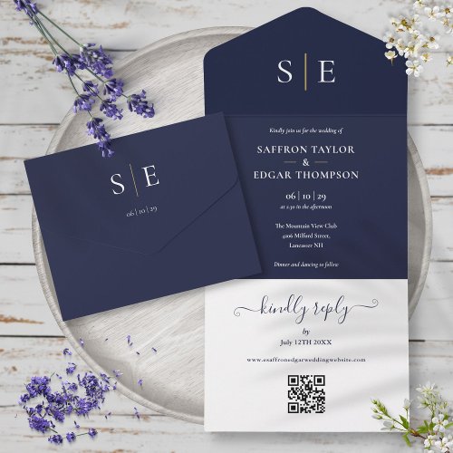 Navy Blue And Gold Monogram QR Code Wedding All In One Invitation